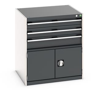 Bott Cubio drawer cabinet with overall dimensions of 800mm wide x 750mm deep x 900mm high Cabinet consists of 1 x 100mm, 1 x 125mm, 1 x 150mm high drawers and 1 x 400mm high door 100% extension drawer with internal dimensions of 675mm wide x 625mm... Bott Drawer Cabinets 800 x 750